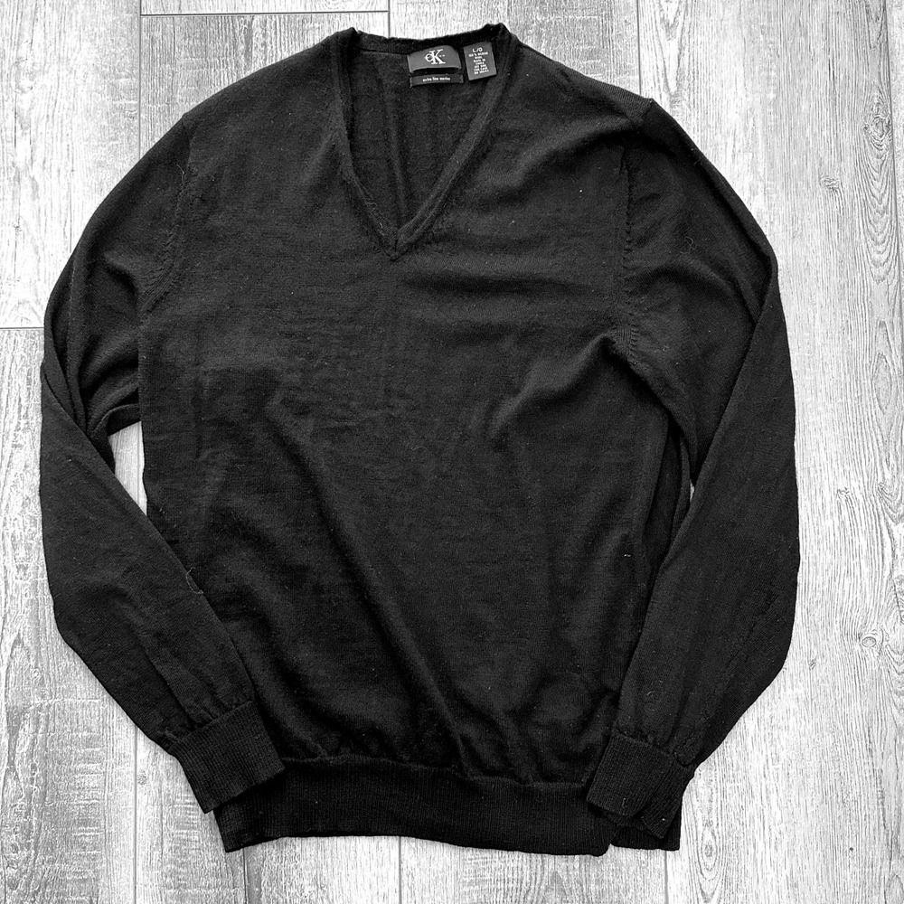 Calvin Klein V-Neck Sweater Mens Size L Black Merino Wool Minimalist Classic